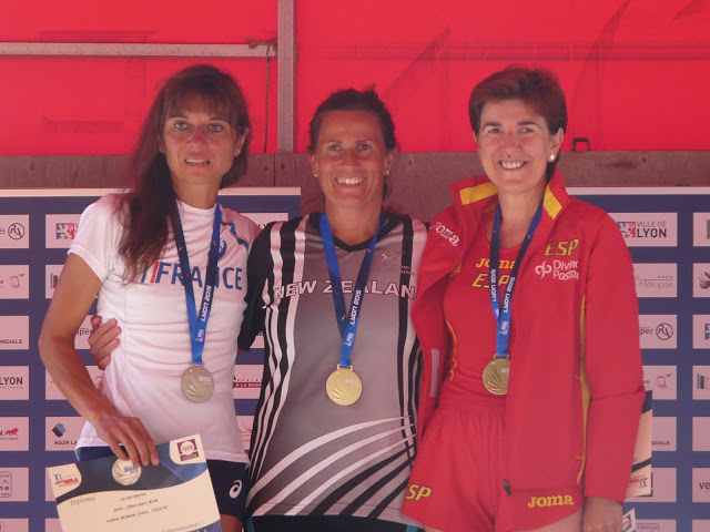 WMAC Lyon 2015, 14 août, podium W45, Valérie Boban, Corinne Smith, Carmen Martin Piñuela
